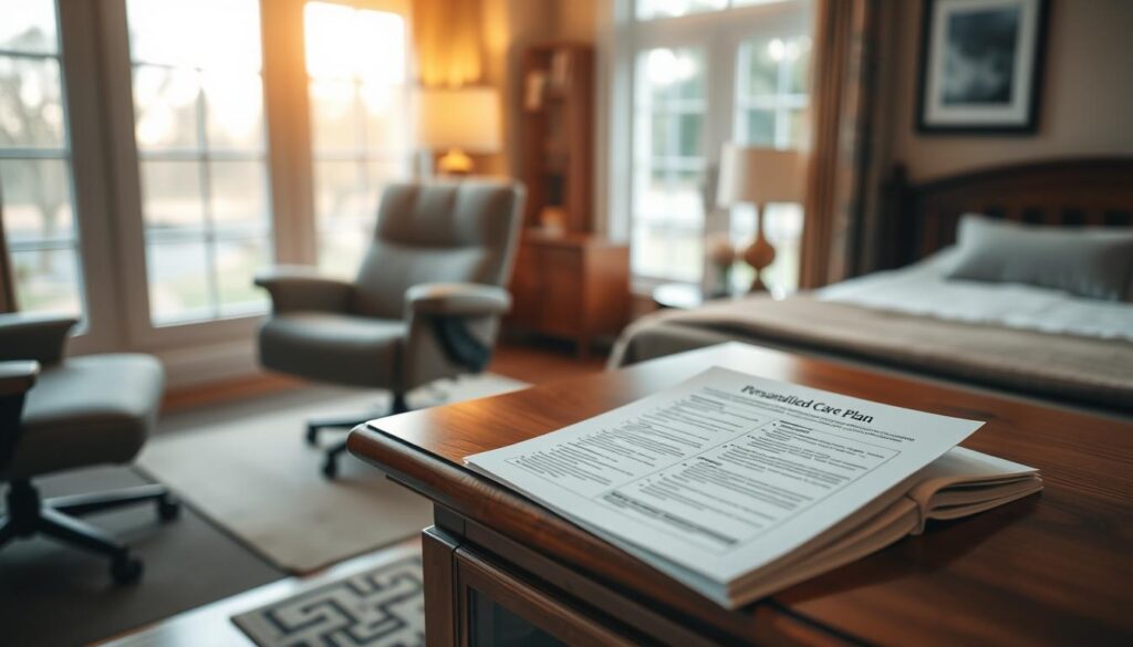 A tranquil, well-appointed senior living room with natural light streaming through large windows. A personalized care plan rests on a polished wood side table, its pages open to reveal thoughtful notes and recommendations. An ergonomic chair and adjustable bed cater to the resident's comfort and mobility needs. The room exudes a sense of dignified independence, with carefully curated decor that reflects the individual's taste and personality. Warm, soft lighting illuminates the space, creating a calming, nurturing atmosphere. The image conveys the importance of tailored senior care that preserves autonomy and fosters wellbeing.