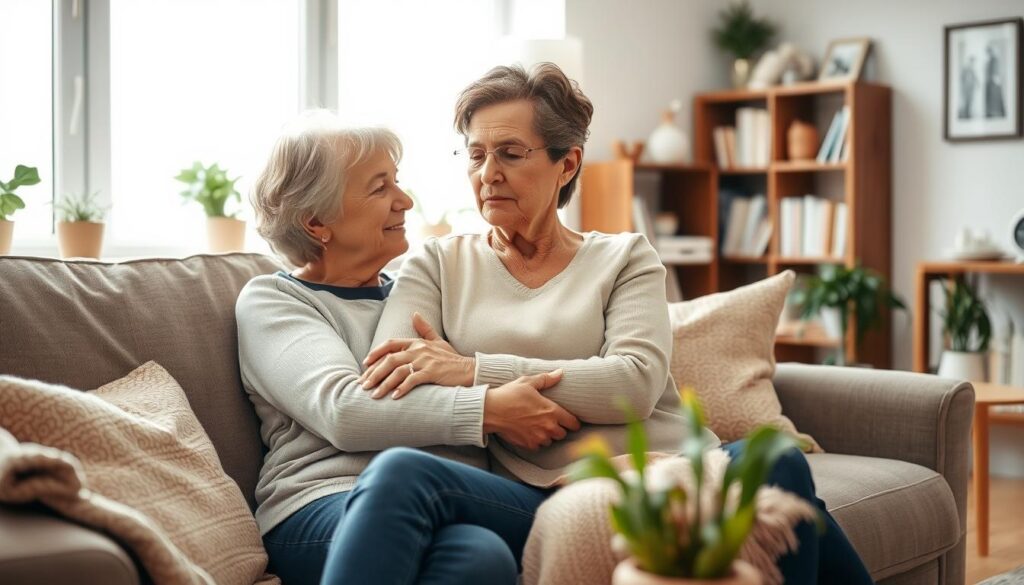 A warm and inviting living room with a middle-aged woman sitting on a couch, comfortingly embracing an elderly parent. Soft natural lighting filters through the large window, casting a serene glow. The room is filled with family photos, potted plants, and cozy textiles, conveying a sense of care and support. The woman's expression is one of compassion and understanding, as she listens intently to her parent. In the background, a bookshelf and side table suggest a comfortable, lived-in space where loved ones can find solace and respite. Shot on Sony A7R IV, clearly focused, sharply defined, polarizer filter, Hyperrealistic image.